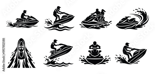Set of jet ski riders silhouettes in various poses, enjoying water sport on transparent background