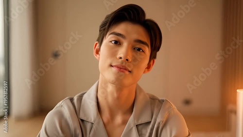 Man meditates in peaceful room.