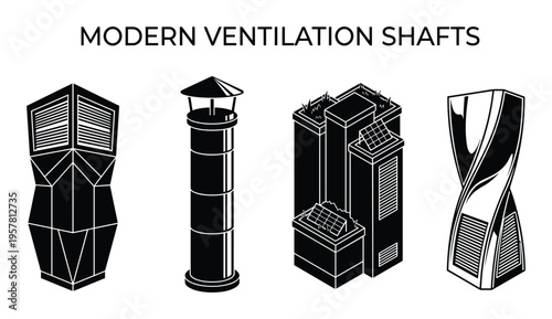 Set of modern ventilation shafts, including various unique architectural designs for air circulation