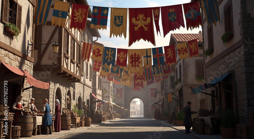 Medieval town street decorated with numerous colorful heraldic banners strung high above cobblestone road leading toward a distant archway.