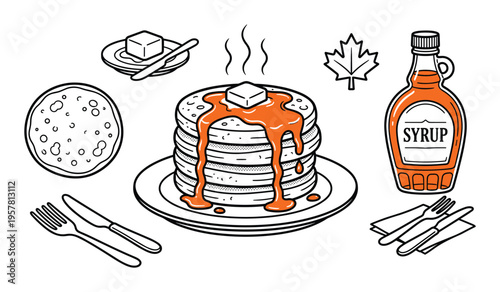 Stack of pancakes with maple syrup and butter breakfast illustration vector