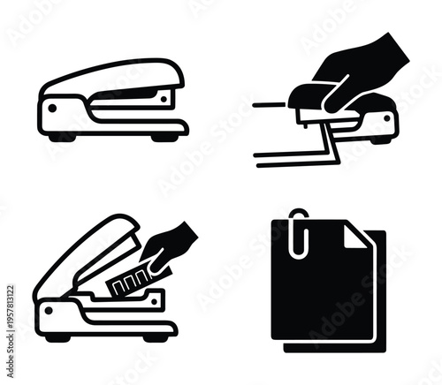 Stapler icon set showing different views and use of office stationery equipment