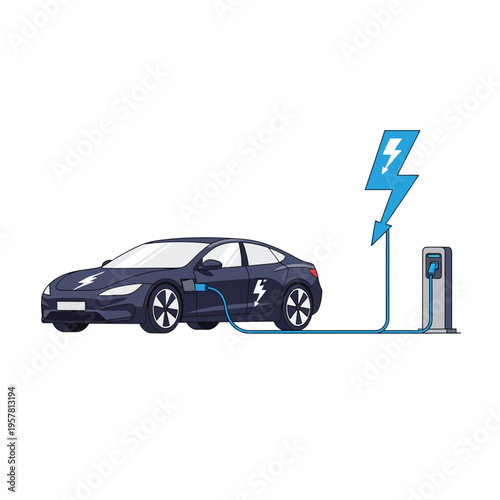 Modern electric car being charged at a public charging station, illustrating the integration of sustainable energy into everyday transportation and promoting an eco-friendly future for urban mobility