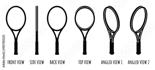Tennis racket views from different angles for design and illustration