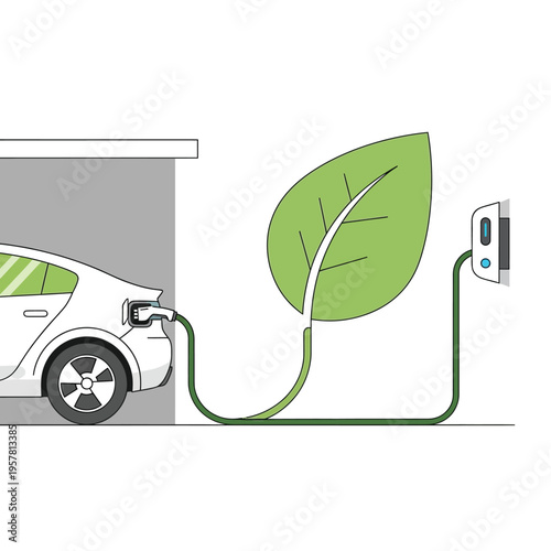 Sustainable Electric Vehicle Charging Station Concept with Green Leaf Cable Symbolizing Eco-Friendly Transportation and Renewable Energy for a Cleaner Environment