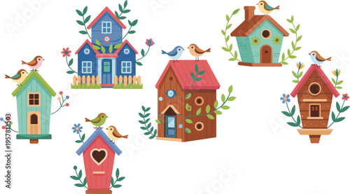 Collection of cute cartoon birdhouses with colorful birds and floral vines for spring garden decorations nursery wall art and seasonal greeting card designs.