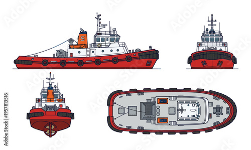 Tugboat vessel illustration displaying various views including front, side, back, and top aerial view