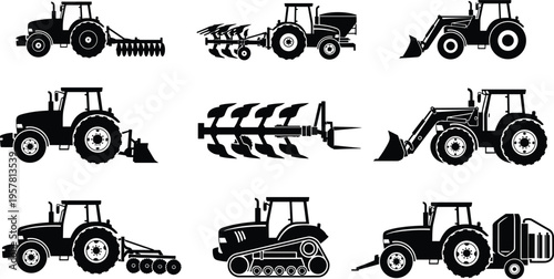 Collection of agricultural tractor silhouettes featuring various farm machinery attachments like plows harrows loaders and balers isolated on white background for industrial vector design projects.