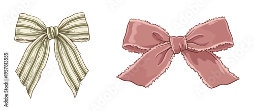 Two distinct hand drawn bows a striped ribbon and a ruffled velvet bow isolated on transparent background