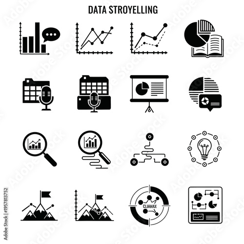 Black icons of data storytelling elements.