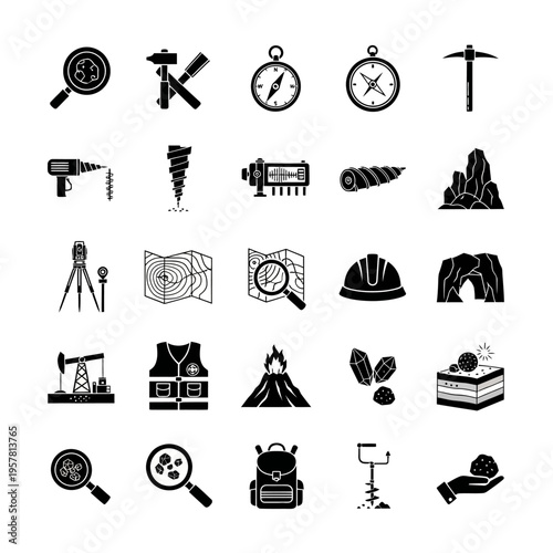 Black icons of mining and geology.