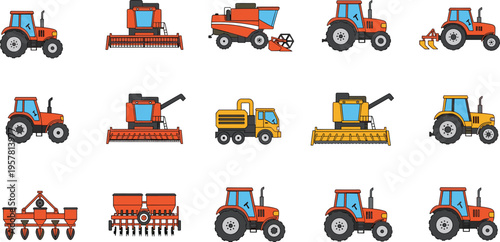 Flat vector illustration set of colorful farm machinery including red and yellow tractors combine harvesters trucks and seeders isolated on white background for agriculture.