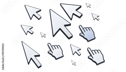 3D Rendered Silver Computer Mouse Pointers and Hand Cursors on White Background