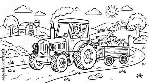 Tractor with trailer and driver.