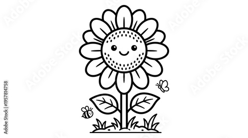Smiling Sunflower Cartoon Character Drawing.