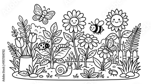 Colorful illustration of garden flowers and insects.