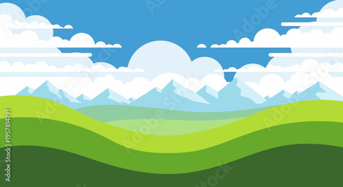 Flat Design Vector Illustration of a Peaceful Mountain Landscape with Rolling Green Hills and White Clouds in a Bright Blue Sky