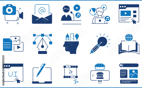 A set of icons related to Content Creation. Content, video, food vlogging, network, digital, design, learn, teach, images, music, and so on.