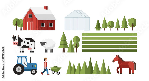 Flat Vector Farm Icon Set Featuring Red Barn, Agricultural Animals, Tractor, Greenhouse, and Farmer Illustration Isolated on White Background
