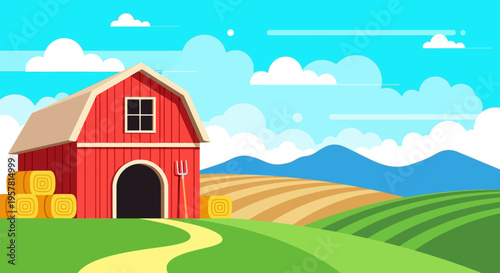 Red Farm Barn Landscape with Green Fields and Mountains - Flat Design Vector Illustration for Agriculture and Rural Living Concepts