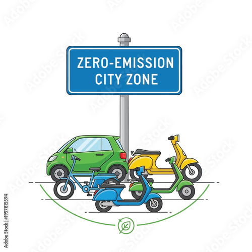 Conceptual illustration of a zero-emission city zone sign emphasizing sustainable transportation choices like electric vehicles, bicycles, and scooters for urban sustainability