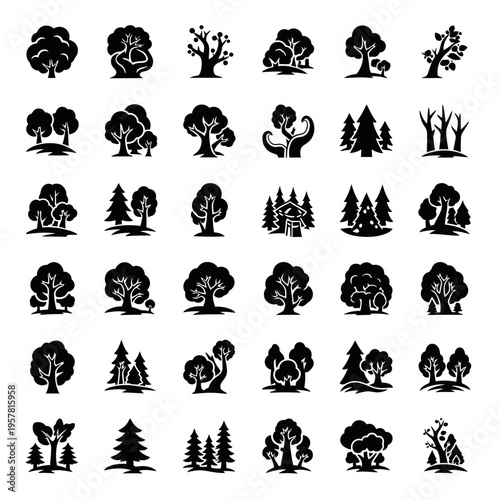 Collection of tree silhouettes icons.