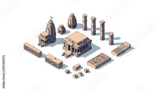 Eran monuments India vector illustration set of ancient temple ruins and Gupta era stone architecture on white background