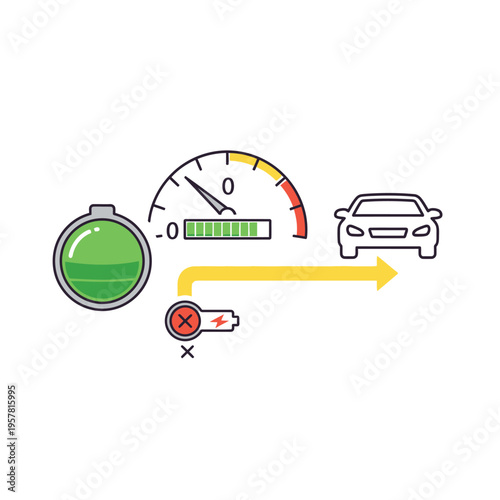 Electric car battery charge level indicator and speedometer, illustrating energy consumption and performance