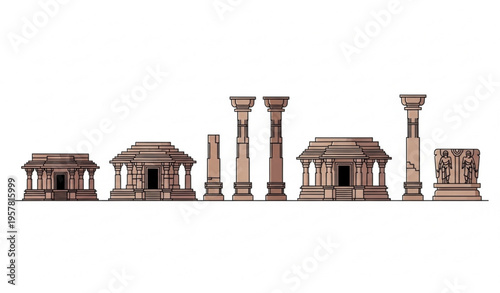 Isometric Eran monuments India vector ancient temple ruins and heritage structures minimal modern design