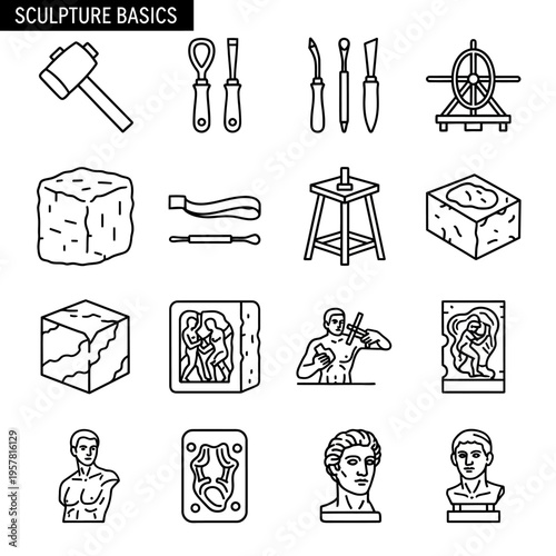 Sculpture tools and techniques icons.