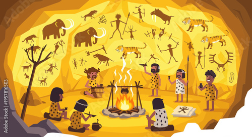 Cavemen Family Gathered Around Campfire in Prehistoric Cave Dwelling