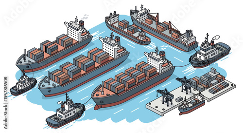 Container Ships and Tugboats in Harbor, Logistics and Shipping Illustration
