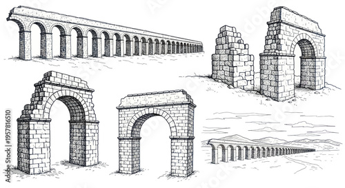 Ancient Roman Aqueduct Ruins and Arches, Historical Stone Structures