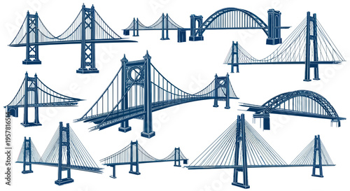 Collection of Diverse Bridge Designs, Architectural Styles, Vector Illustrations