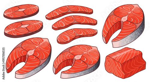 Fresh Salmon Fillets and Steaks Assortment, Delicious Seafood Ingredients
