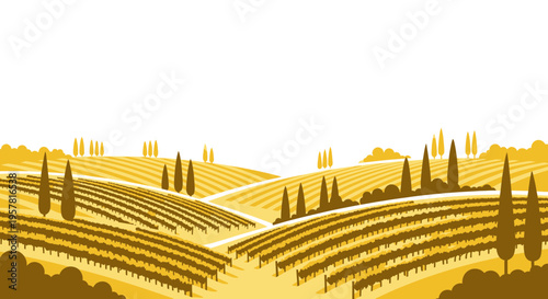 Golden Tuscan Vineyard Landscape with Rolling Hills and Cypress Trees