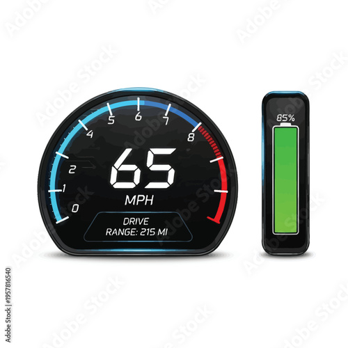 Modern digital car dashboard showing 65 MPH speed, 215 miles drive range, and an 85% electric vehicle battery charge. Essential automotive display for technology concepts