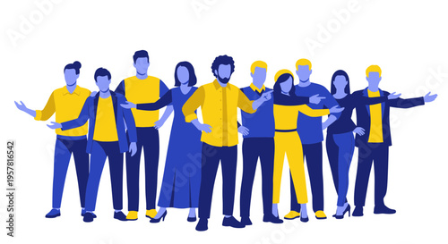 Diverse group of people standing together, unity, teamwork, community, illustration