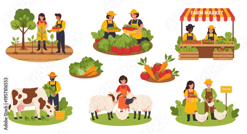 Farmers Market Scene: Diverse People Selling Fresh Produce and Farm Animals