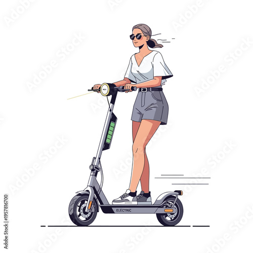 Illustration of a young woman riding a modern electric scooter through a city street, embodying a sustainable and active lifestyle choice for urban commuting