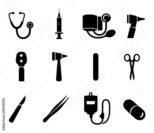 Medical Equipment Silhouettes Set Healthcare Tools Doctor Instruments Black Icons