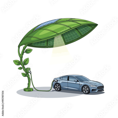 Eco-friendly electric car charging station powered by solar energy from a leaf-shaped canopy