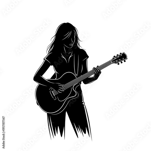 Woman playing acoustic guitar silhouette illustration.