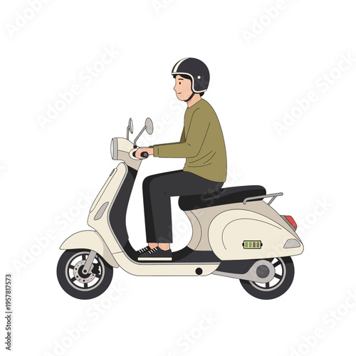 Person riding an electric scooter wearing a helmet, a convenient and eco-friendly mode of transportation for modern urban commuting