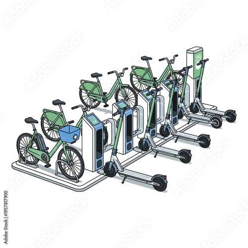 Isometric illustration of an urban shared mobility hub featuring electric bicycles and scooters parked at a smart charging station for eco-friendly city transportation