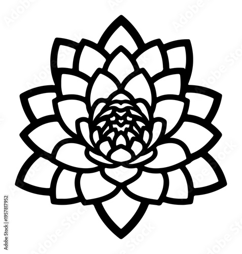 Minimalist black and white vector line art of a blooming lotus flower. Symmetrical clean design ideal for yoga branding, meditation icons, and decorative stencils on a white background.