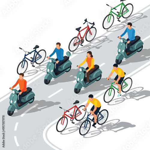 Isometric illustration of various individuals navigating urban streets on bicycles and scooters, showcasing diverse eco-friendly and practical commuting options for city dwellers