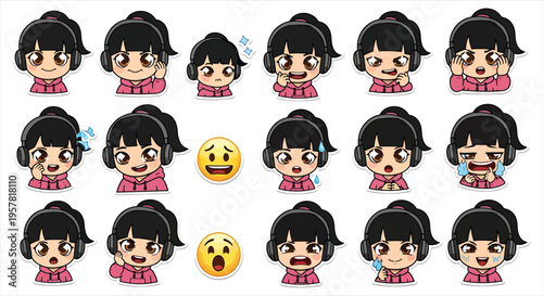 Cute Gamer Girl Character Emote Sticker Set, Kawaii Gaming Avatar Emoji Pack, Streaming Reaction Icons for Twitch Discord Vector