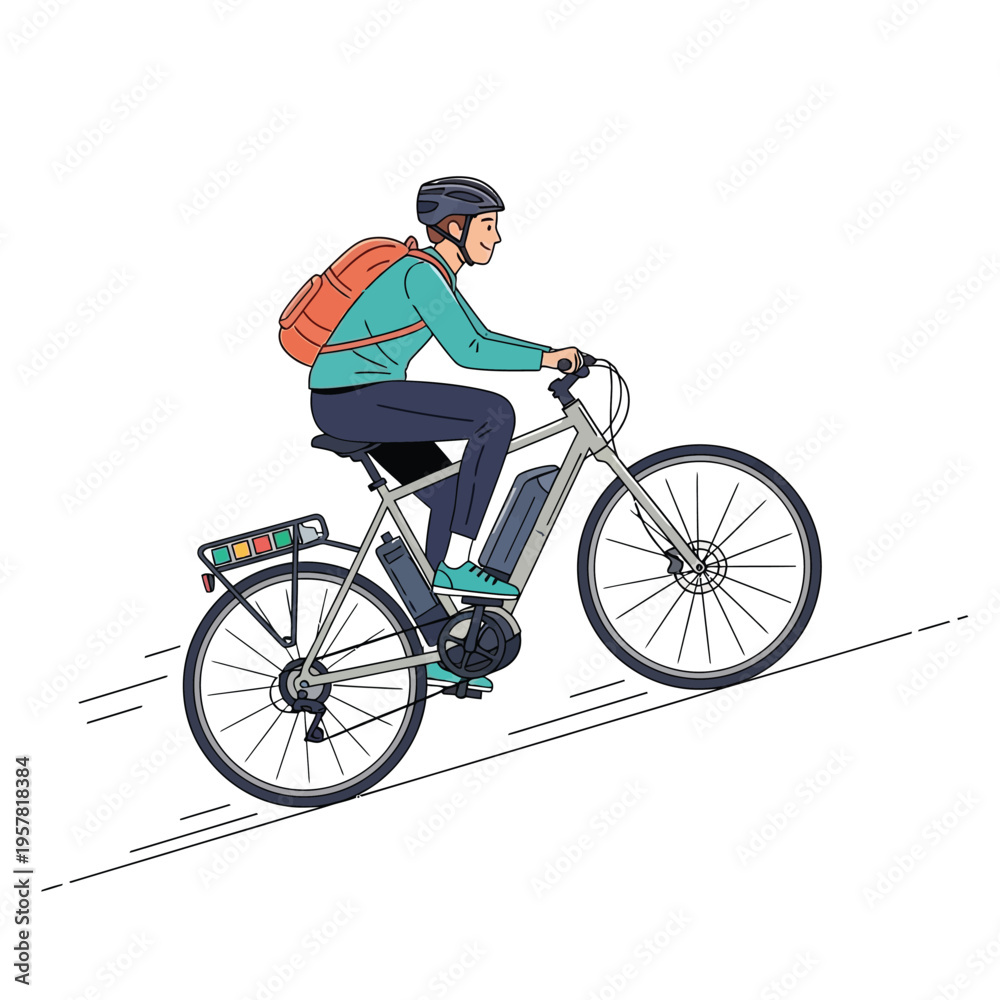 Fototapeta premium Illustration of a person riding an electric bicycle up a slope with a backpack on