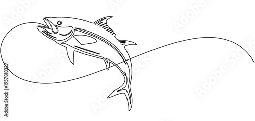 Vector illustration of a tuna fish caught on a fishing hook in line art style.